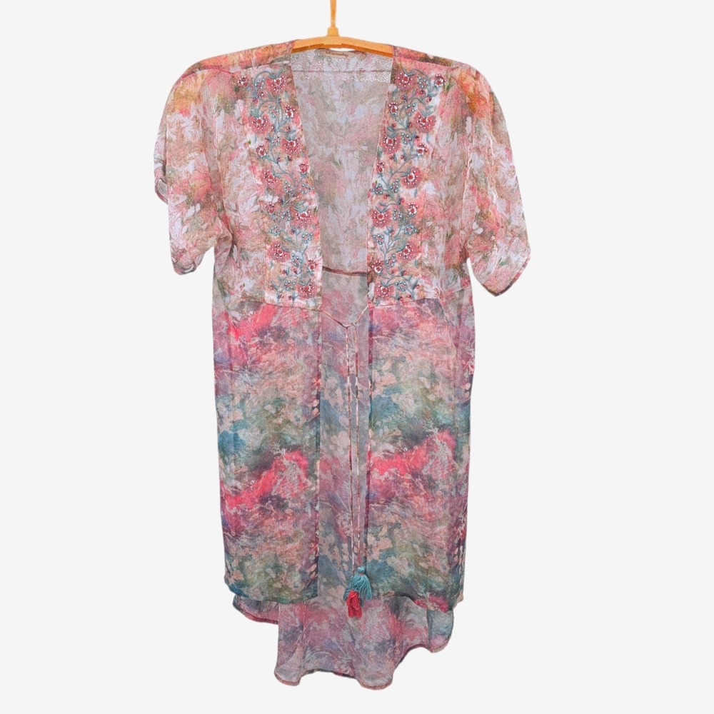 Soft Surroundings Large Kimono Tassel Cover Up Sheer Art to Wear Watercolor - Picture 1 of 6